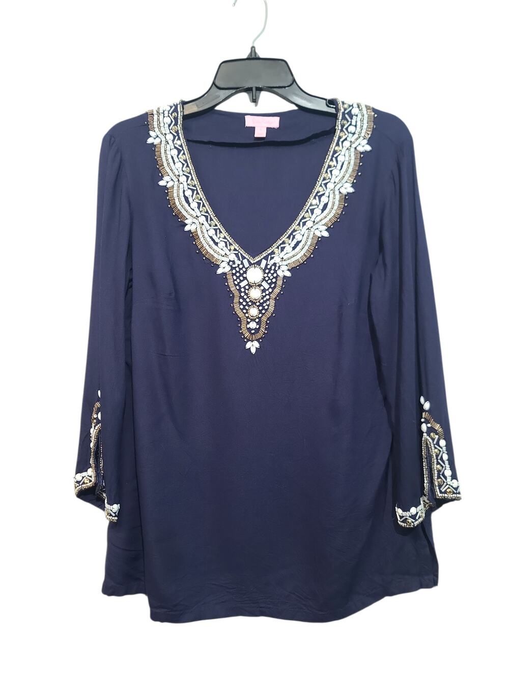 Lilly Pulitzer Braydon Beaded V-Neck Tunic Top Navy Small GUC